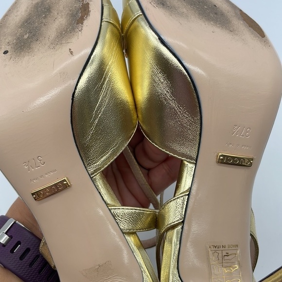 Gucci Gold Metallic Leather Chain link square toe strapy heels 37.5 - Picture 10 of 12